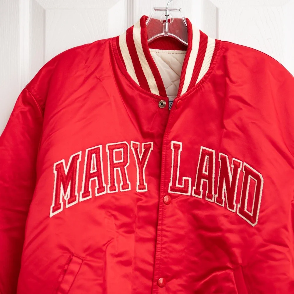VTG Starter Maryland Terrapins Red Satin Varsity Bomber Jacket Men L Retro 80s - Picture 2 of 8